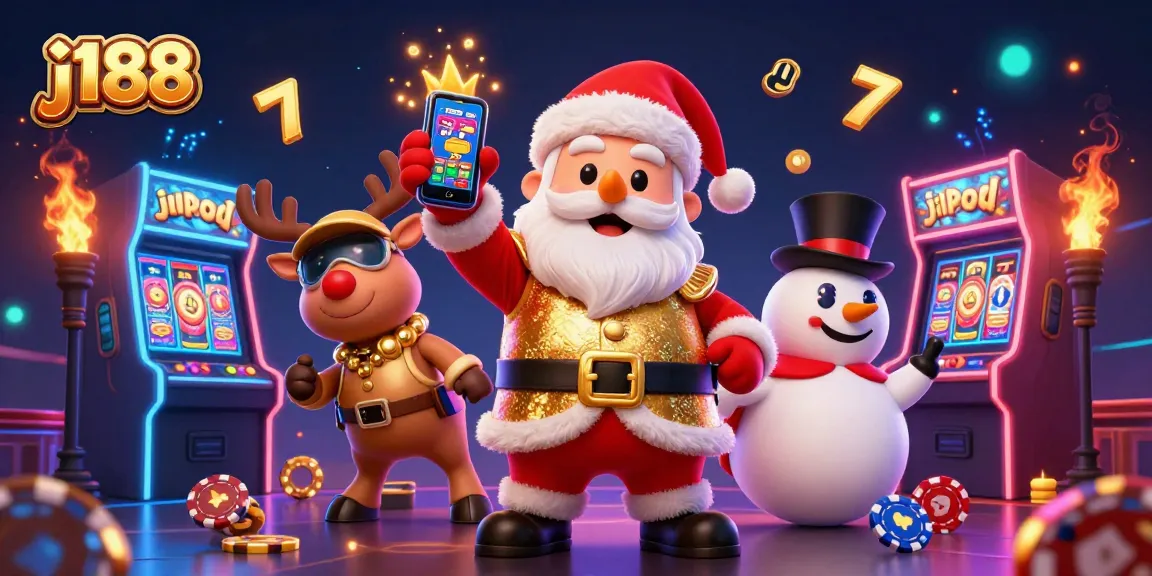 Experience the thrill of j188 with Santa and friends, showcasing exciting jackpot slots in a vibrant casino atmosphere.