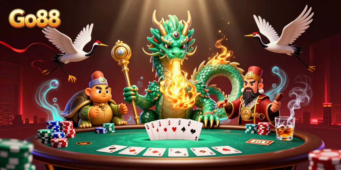 Enhance your Go88 gameplay with a vibrant casino scene featuring a jade dragon and poker elements.