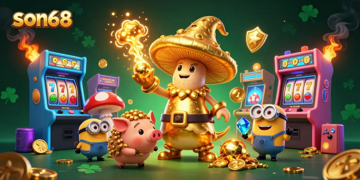 Experience casino magic with son68’s vibrant golden mushroom wizard and his treasure-hunting companions.