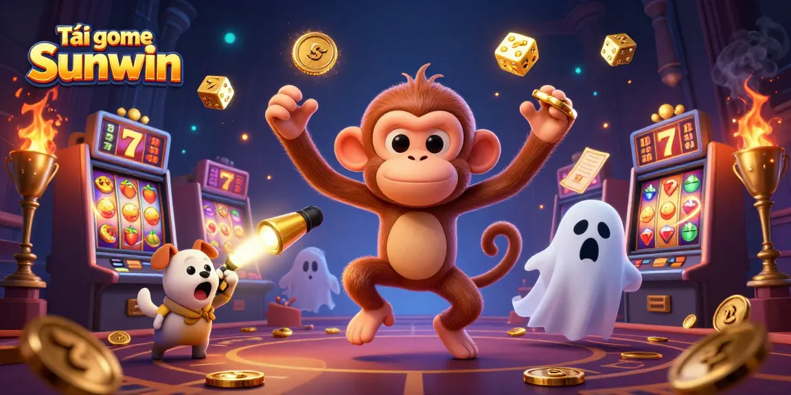 Experience the thrill as you tải game Sunwin, featuring lively characters amidst a vibrant casino scene.
