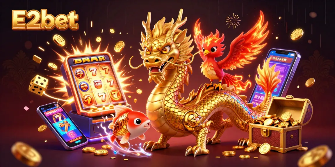 E2bet brings fortune through a vibrant casino scene with dragons, coins, and exciting games.