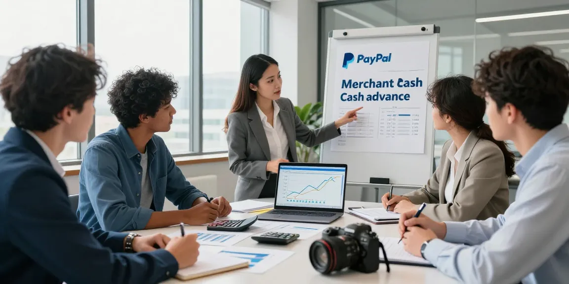 PayPal merchant cash advance solutions discussed by a diverse business team in a modern office setting.