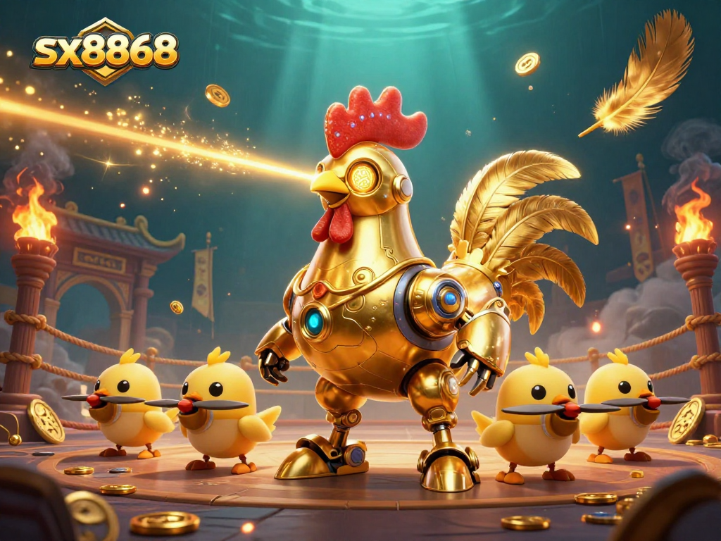 Engage with sx8868's dynamic casino experience featuring a golden rooster robot and baby chick drones.
