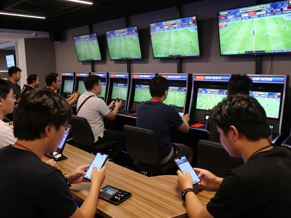 Engaged bettors analyzing keo nha cai 5 odds while using mobile apps for live sports betting.