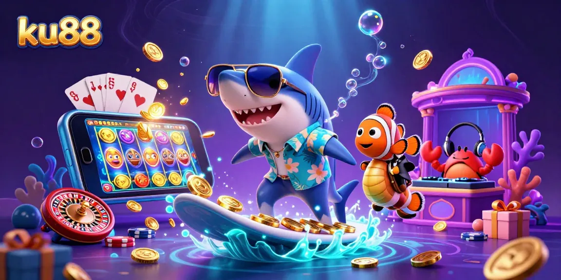 Experience fun with ku88 as a shark surfs on gold coins amid animated casino elements.