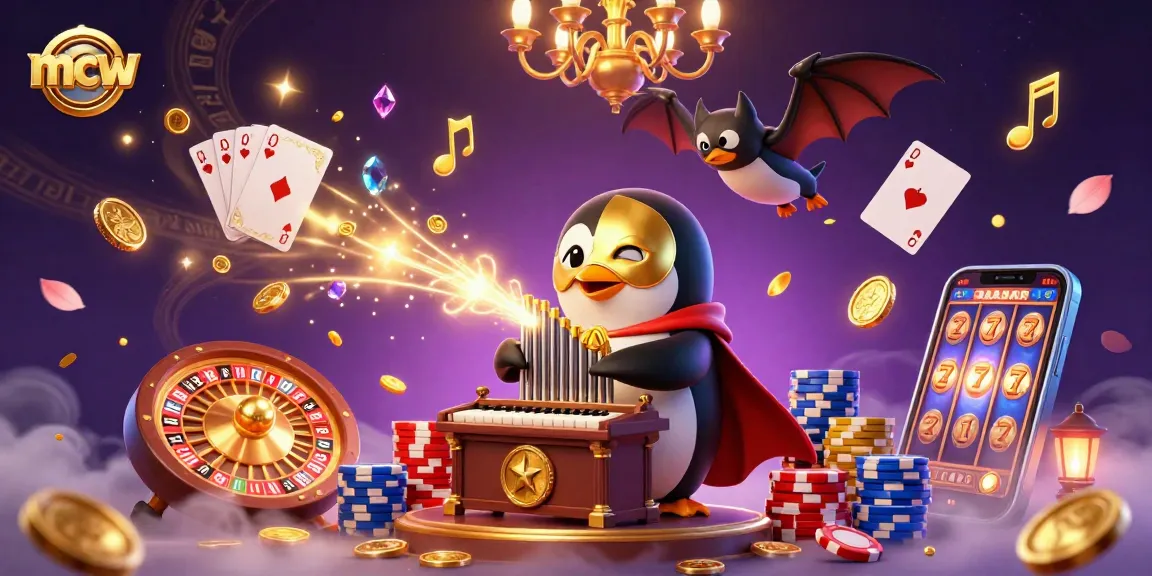 Experience the thrill of mcw with a glamorous 3D casino scene featuring a golden-themed penguin organist.