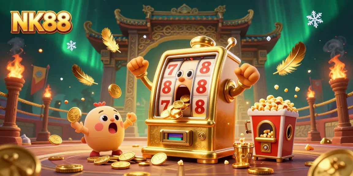 Experience explosive wins with NK88's vibrant slot machine scene, showcasing jackpots and cheering characters.