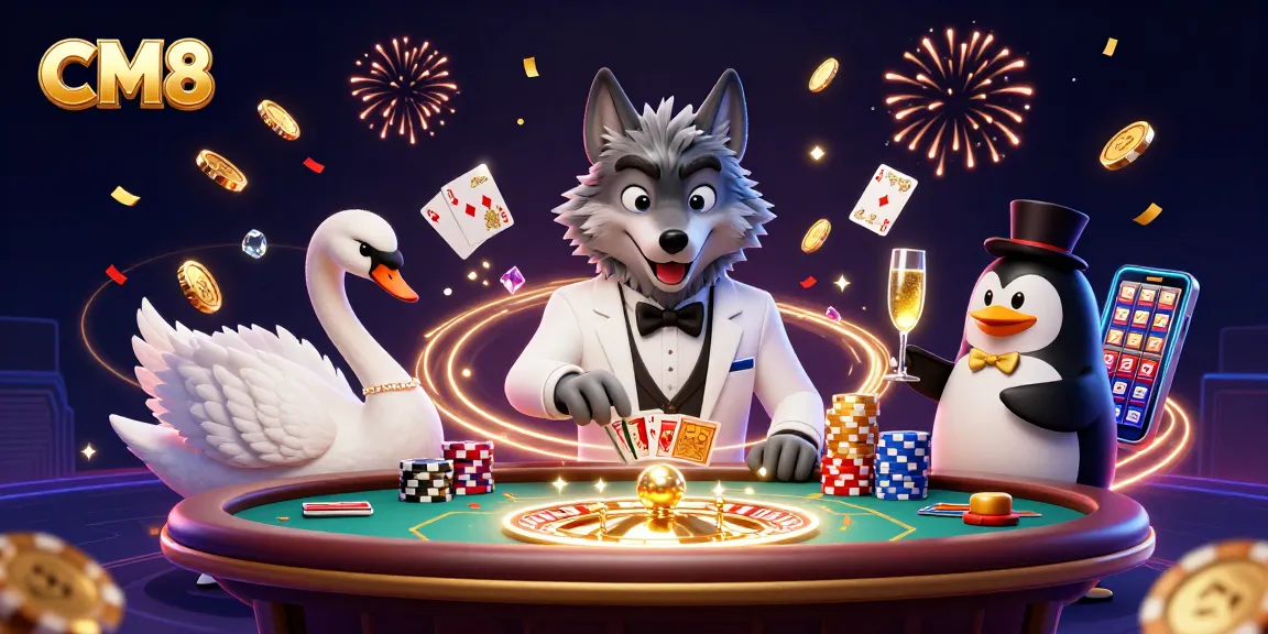 Experience thrilling action at CM8 Casino with a debonair wolf, elegant swan, and sophisticated penguin in a vibrant 3D scene.