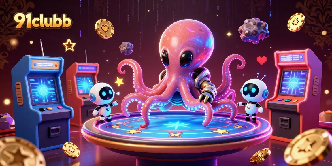 Play poker with the fun alien octopus at 91clubb in vibrant 3D casino illustration.
