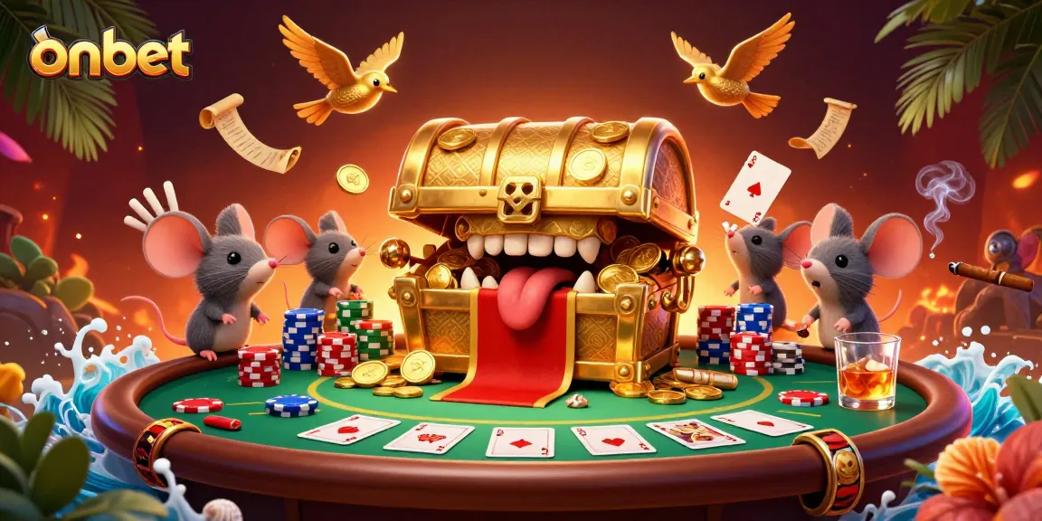 Engage in gaming excitement at onbet with treasure chests, poker, and vibrant casino elements.