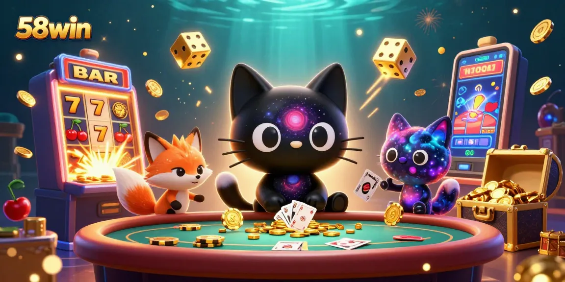 Experience thrilling gameplay at 58win's cosmic casino with a magical cat and fox illustration.