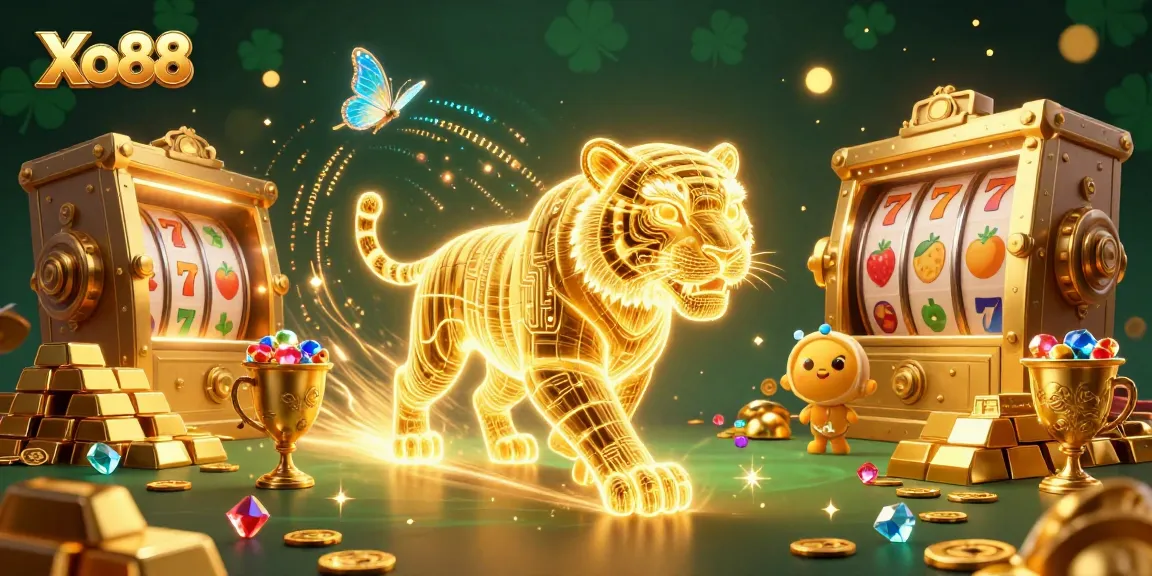 Xo88 features an energetic digital casino scene with a glowing golden tiger and treasures.