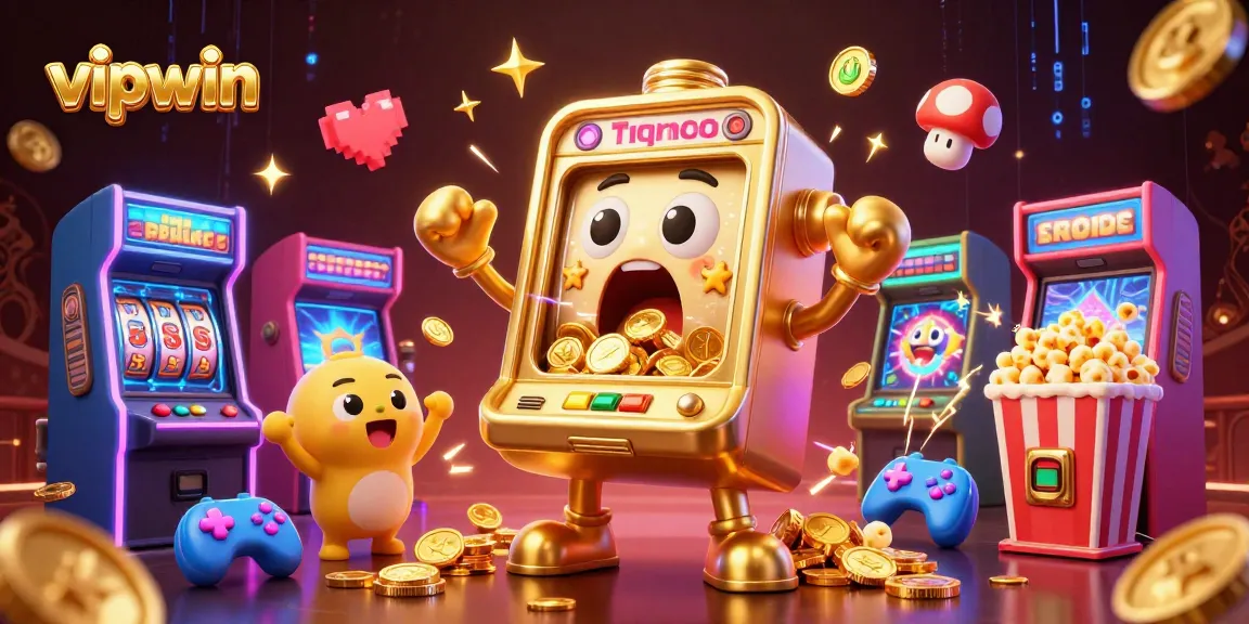 Experience the thrills at vipwin with a whimsical scene of a golden slot machine celebrating its jackpot among cheering mini machines.