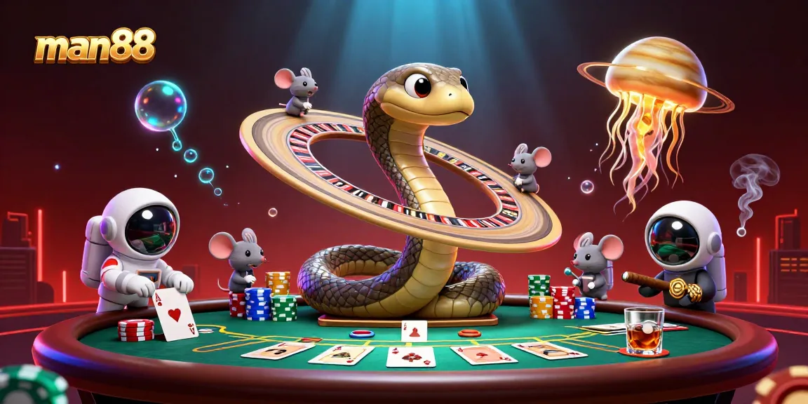 Place bets with man88 in a vibrant cosmic casino scene featuring snake and astronaut mice.